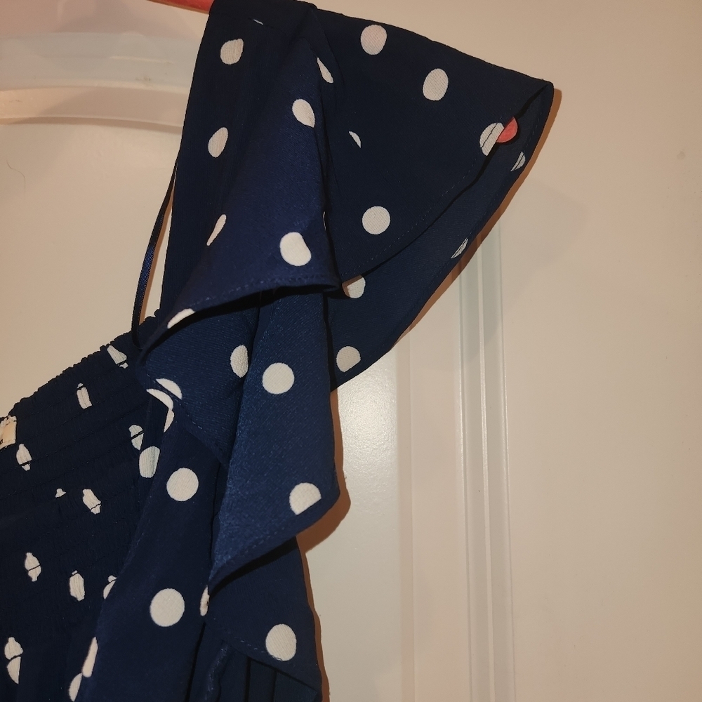 June & Hudson Navy Jumpsuit White Polka Dots Size L/XL Flutter Sleeves Wide Leg - Picture 4 of 9